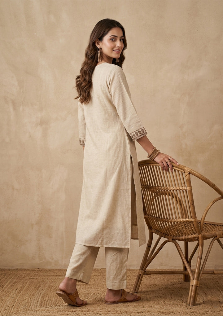 Beige Brown Cotton Threadwork Straight Kurta With Pant Regular And Dupatta