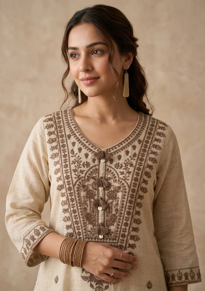 Beige Brown Cotton Threadwork Straight Kurta With Pant Regular And Dupatta