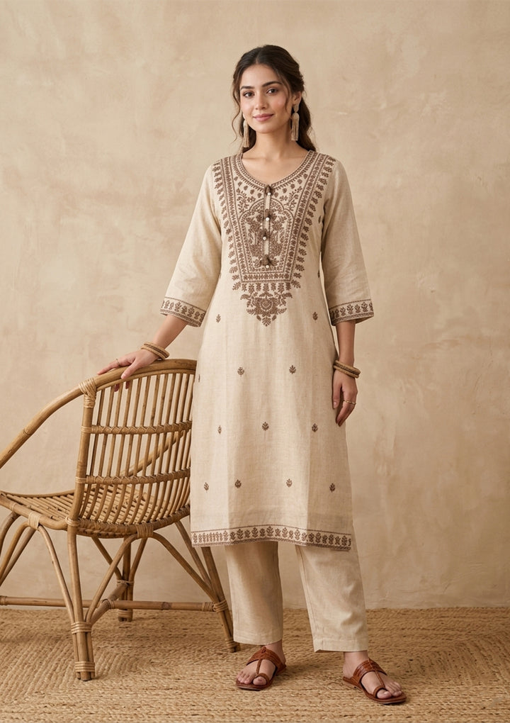 Beige Brown Cotton Threadwork Straight Kurta With Pant Regular And Dupatta