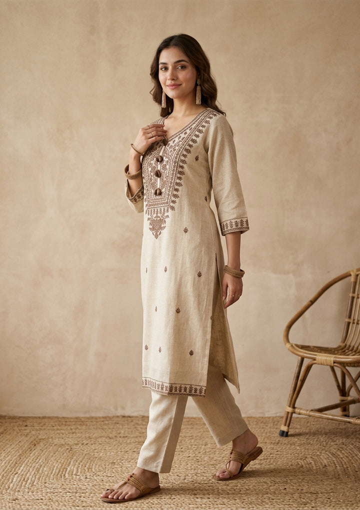 Beige Brown Cotton Threadwork Straight Kurta With Pant Regular And Dupatta