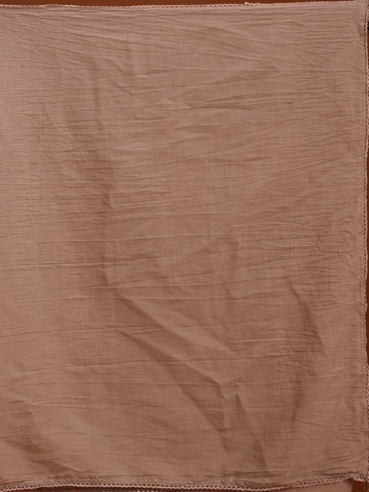 Beige Brown Cotton Threadwork Straight Kurta With Pant Regular And Dupatta