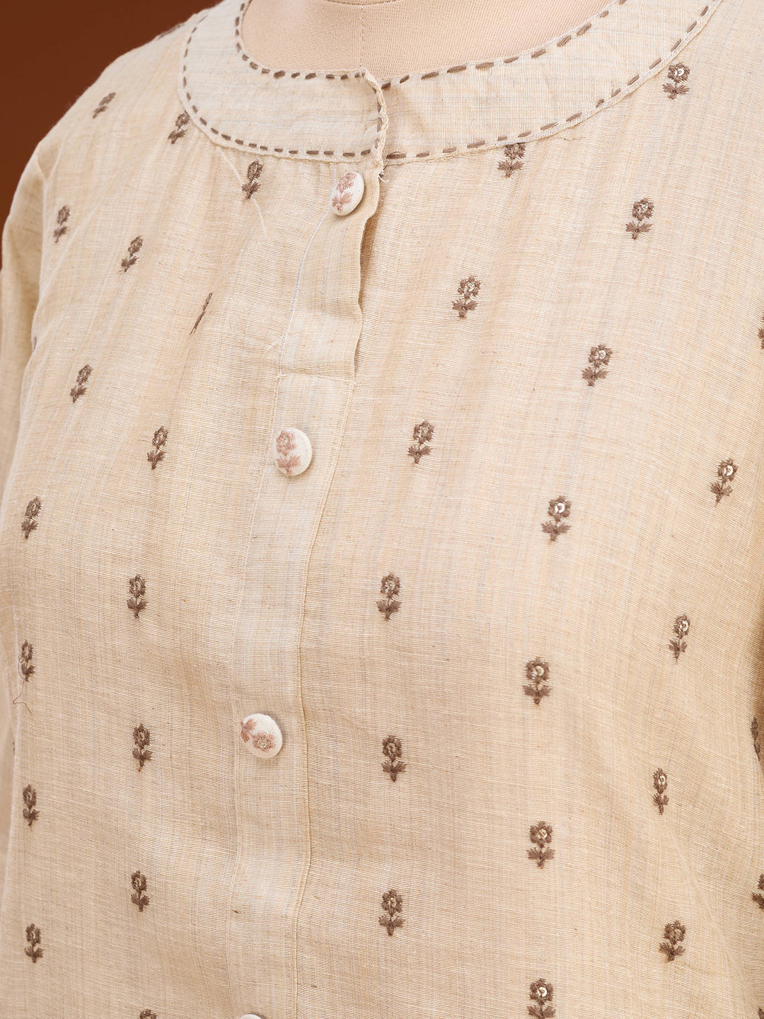 Beige Brown Cotton Threadwork Straight Kurta With Pant Regular And Dupatta