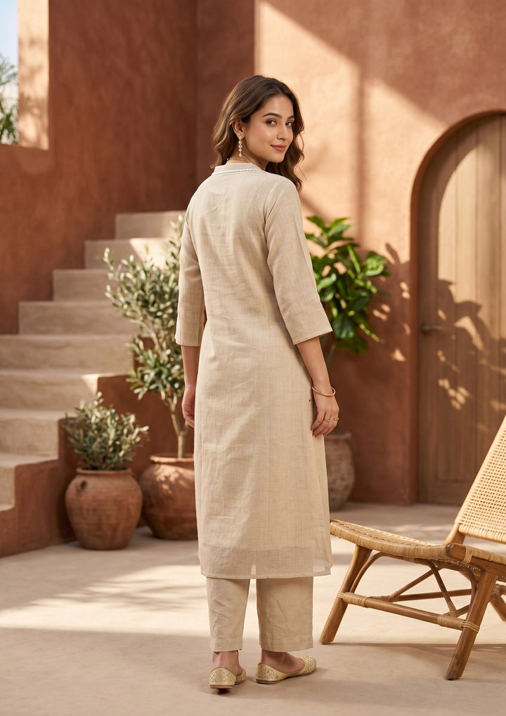 Beige Brown Cotton Threadwork Straight Kurta With Pant Regular And Dupatta