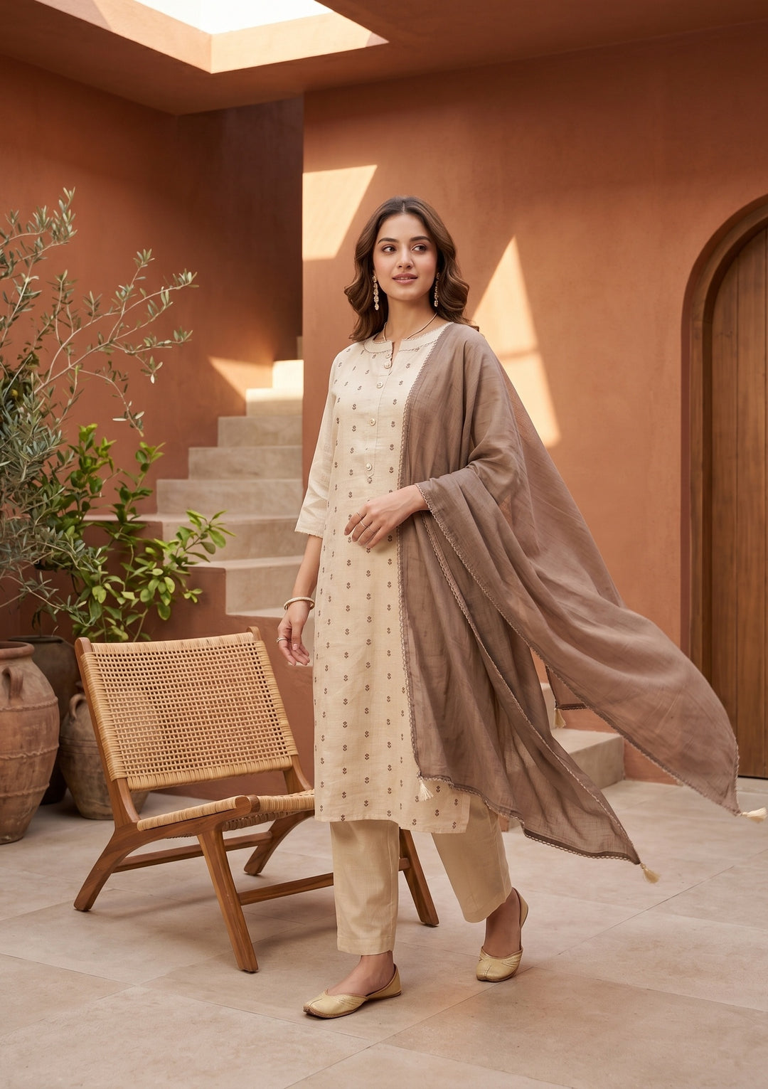 Beige Brown Cotton Threadwork Straight Kurta With Pant Regular And Dupatta