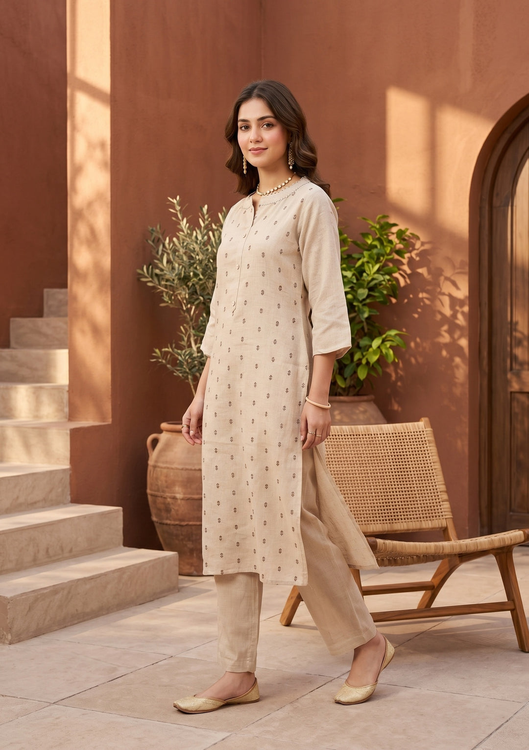 Beige Brown Cotton Threadwork Straight Kurta With Pant Regular And Dupatta