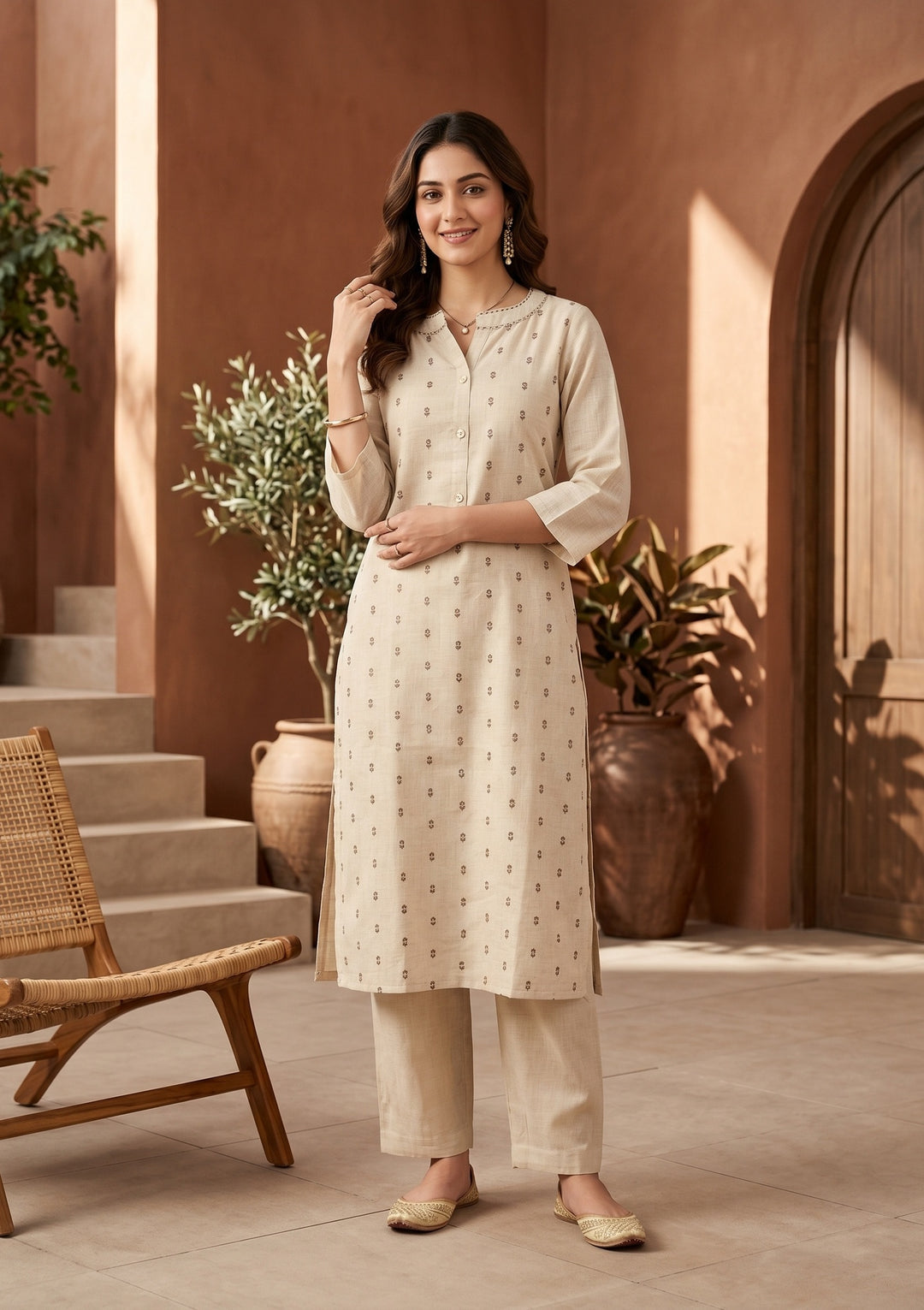 Beige Brown Cotton Threadwork Straight Kurta With Pant Regular And Dupatta