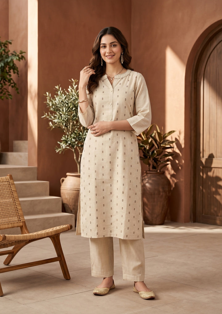Beige Brown Cotton Threadwork Straight Kurta With Pant Regular And Dupatta