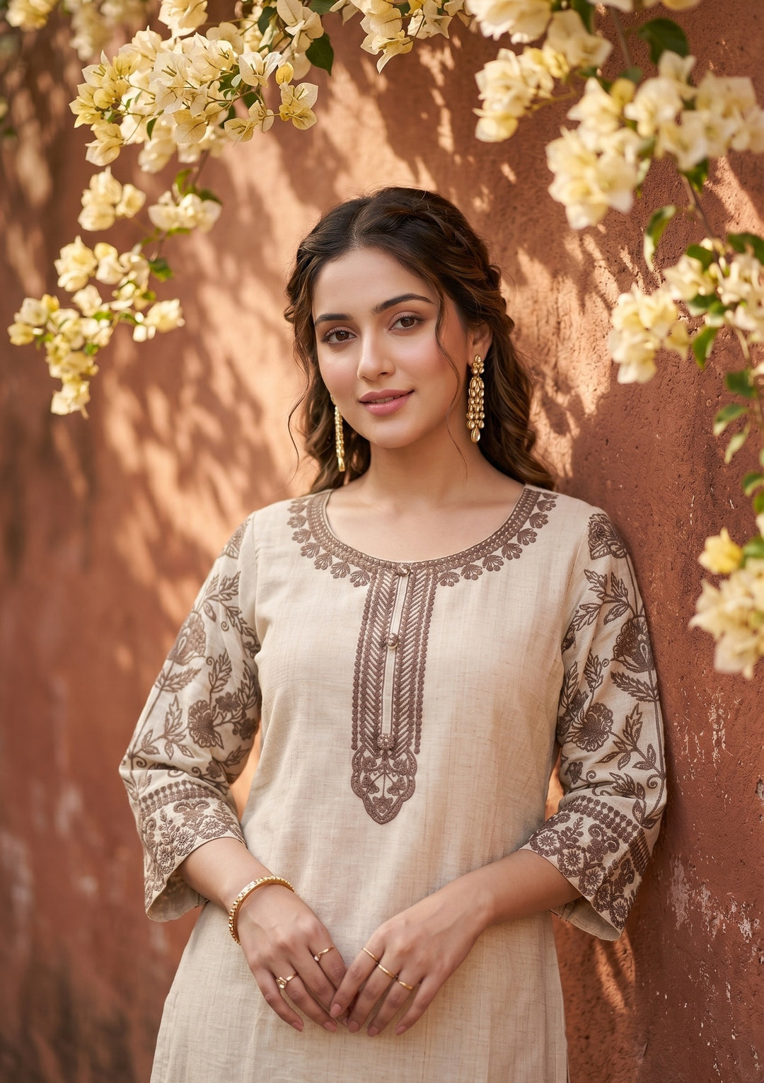 Beige Light Brown Cotton Threadwork Straight Kurta With Regular Pant And Dupatta