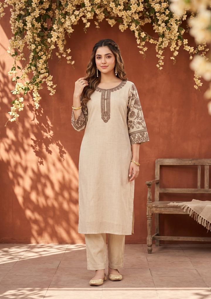 Beige Light Brown Cotton Threadwork Straight Kurta With Regular Pant And Dupatta