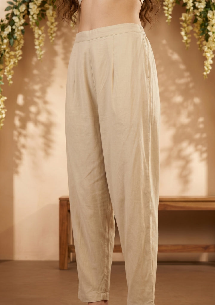 Beige Light Brown Cotton Threadwork Straight Kurta With Regular Pant And Dupatta