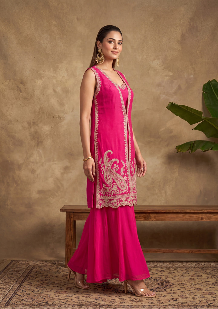 Rani Pink Zariwork (Gold) Chinon Readymade Salwar Suit