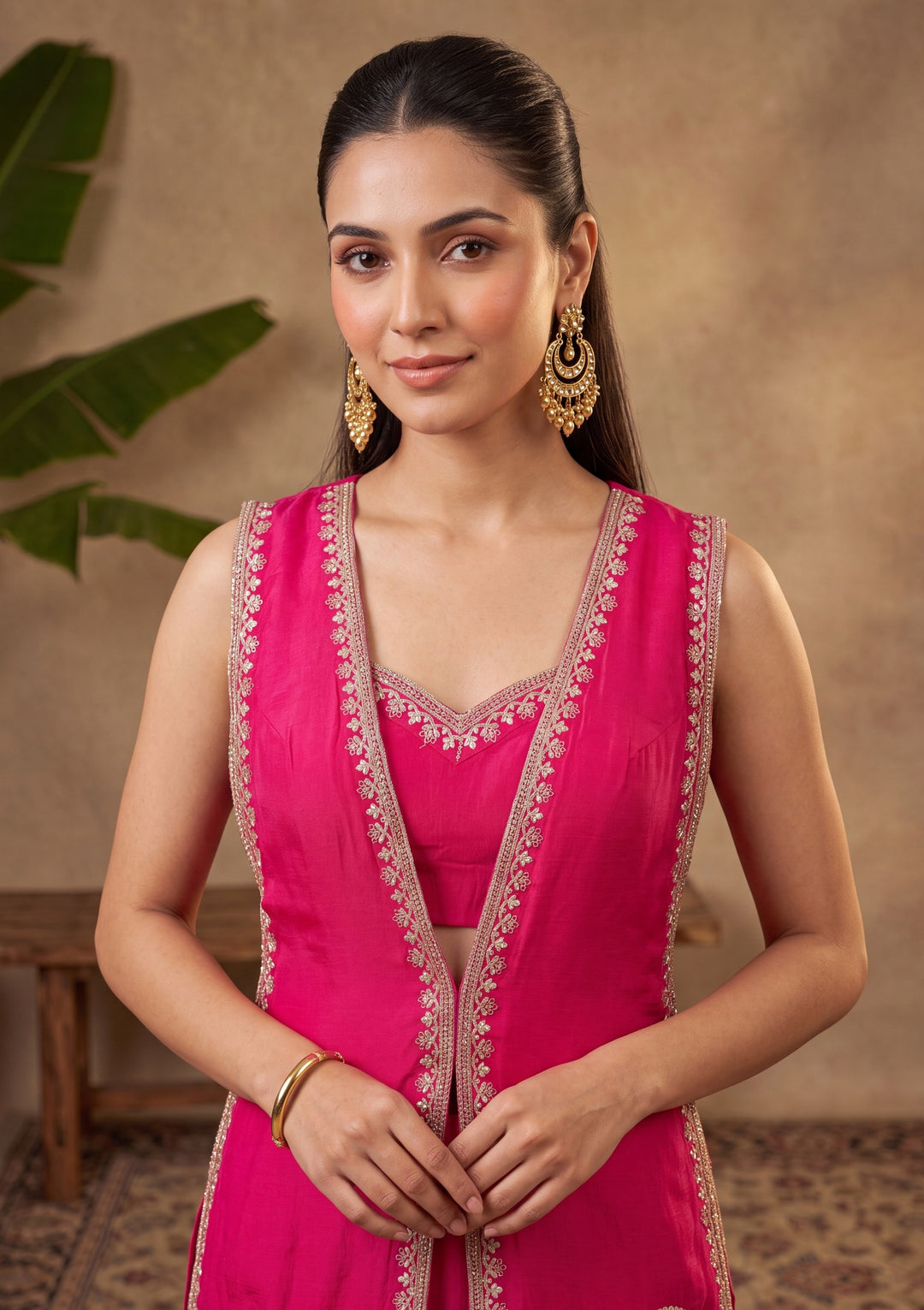 Rani Pink Zariwork (Gold) Chinon Readymade Salwar Suit