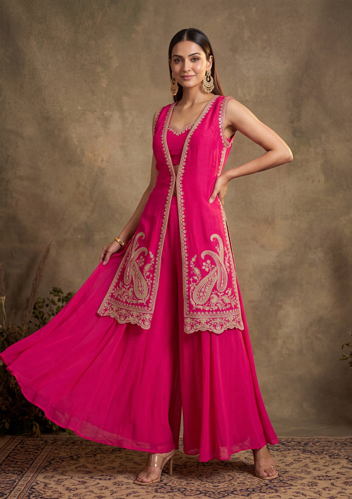 Rani Pink Zariwork (Gold) Chinon Readymade Salwar Suit