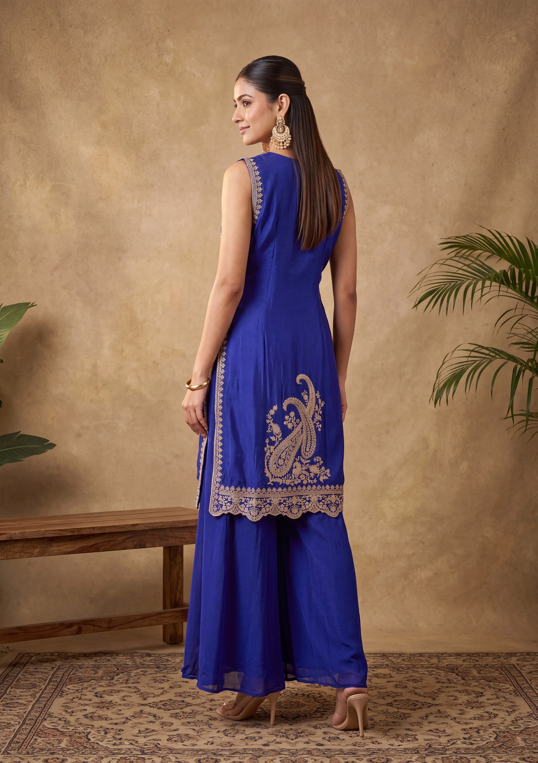 Royal Blue Zariwork (Gold) Chinon Readymade Salwar Suit