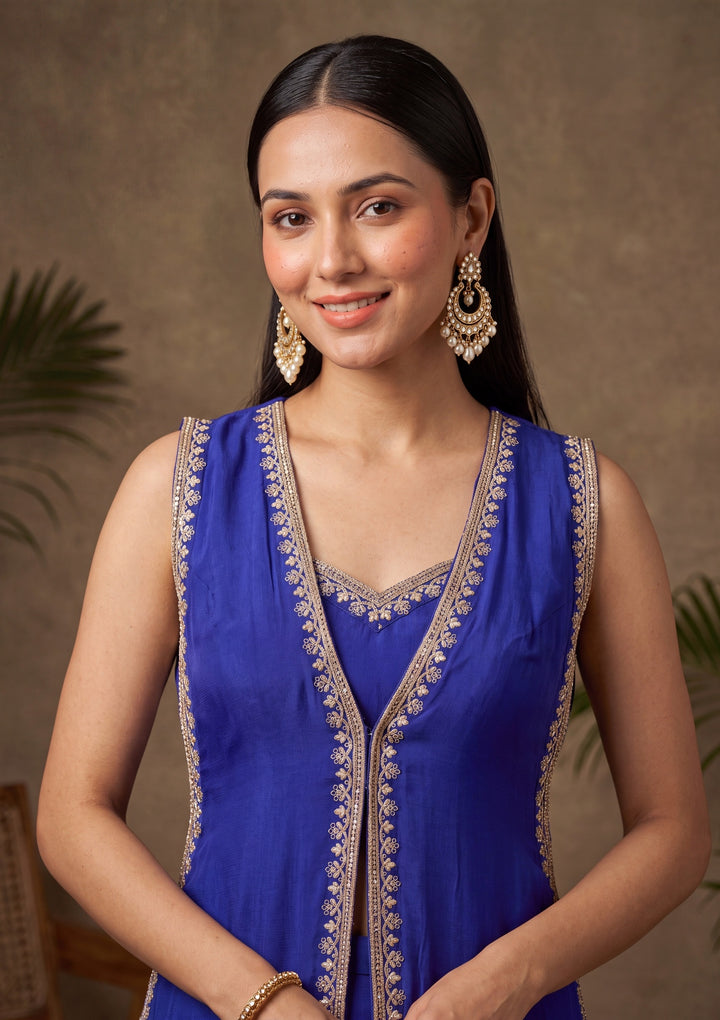 Royal Blue Zariwork (Gold) Chinon Readymade Salwar Suit