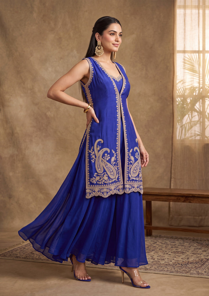 Royal Blue Zariwork (Gold) Chinon Readymade Salwar Suit