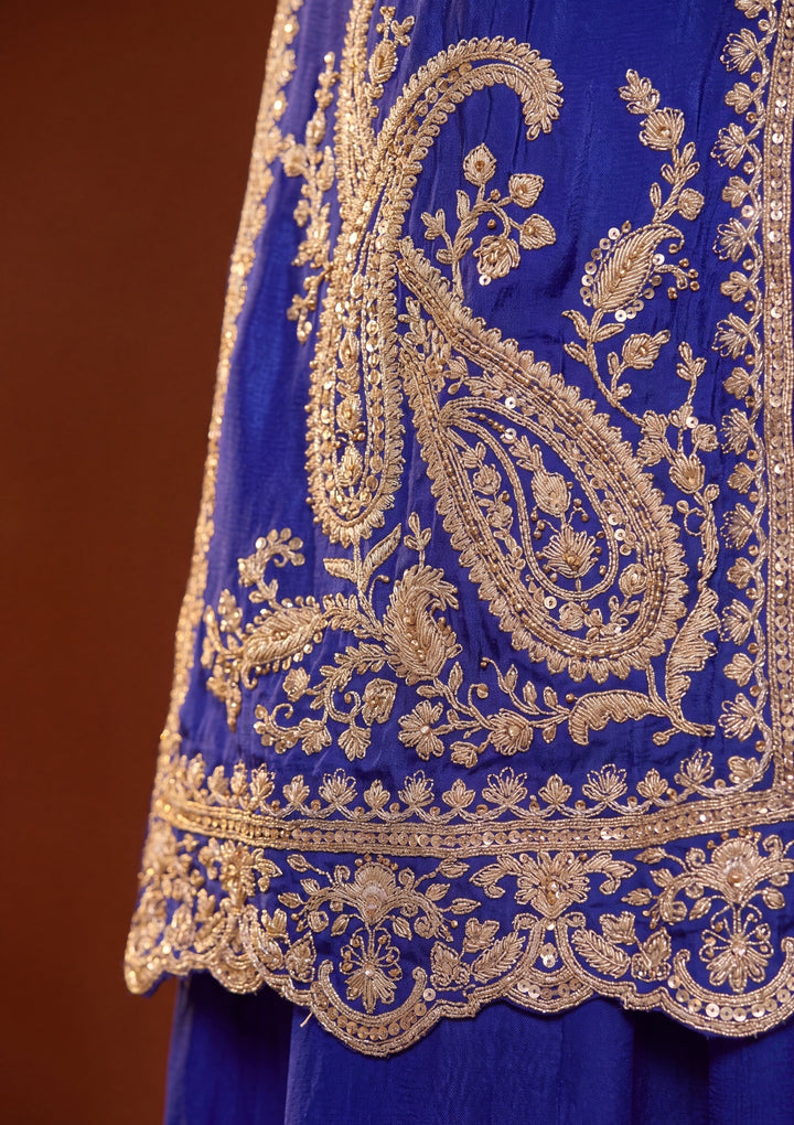 Royal Blue Zariwork (Gold) Chinon Readymade Salwar Suit