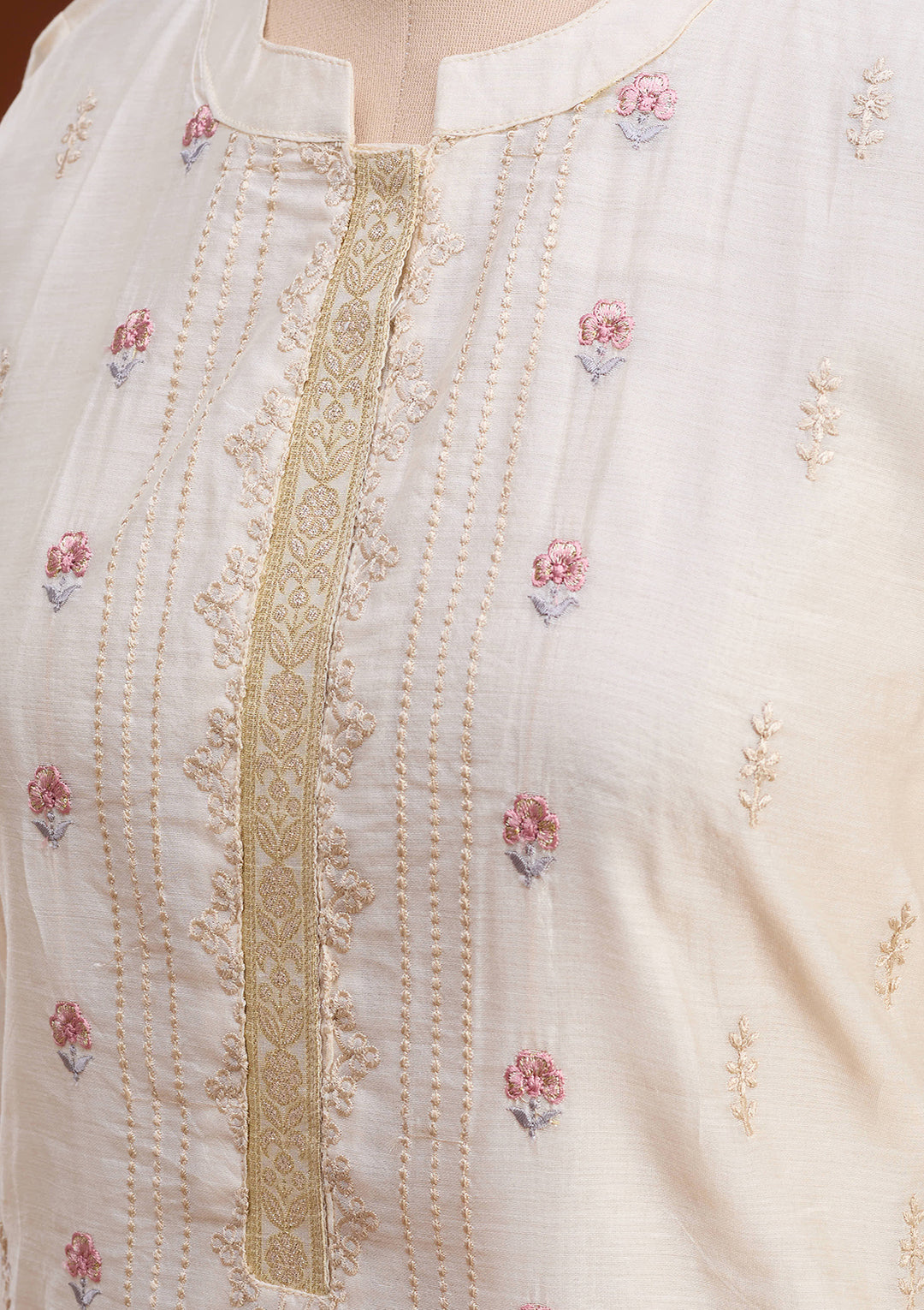 Cream Chanderi Threadwork Straight Kurta With Regular Pant And Dupatta