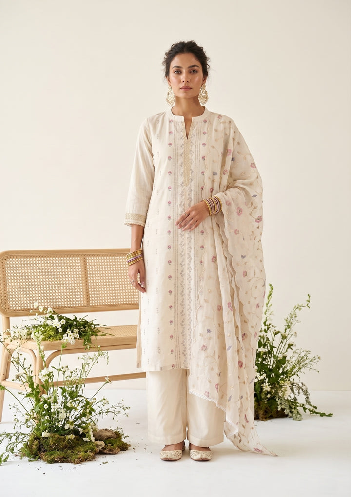 Cream Chanderi Threadwork Straight Kurta With Regular Pant And Dupatta