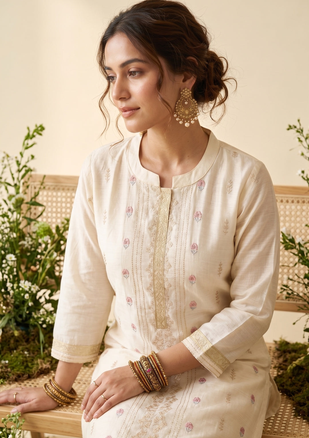 Cream Chanderi Threadwork Straight Kurta With Regular Pant And Dupatta