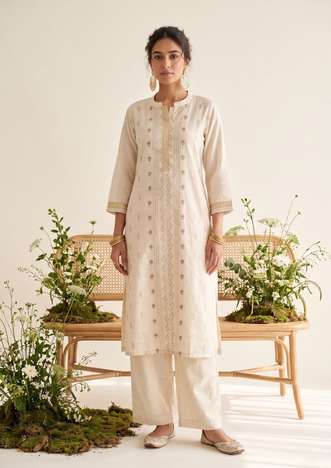 Cream Chanderi Threadwork Straight Kurta With Regular Pant And Dupatta