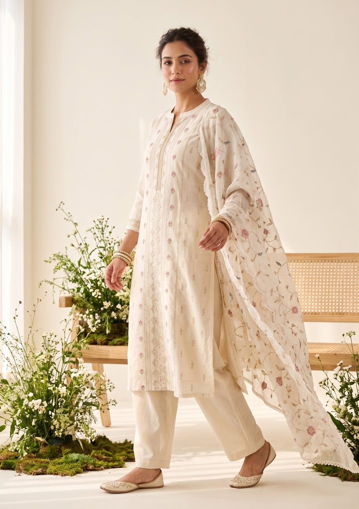 Cream Chanderi Threadwork Straight Kurta With Regular Pant And Dupatta