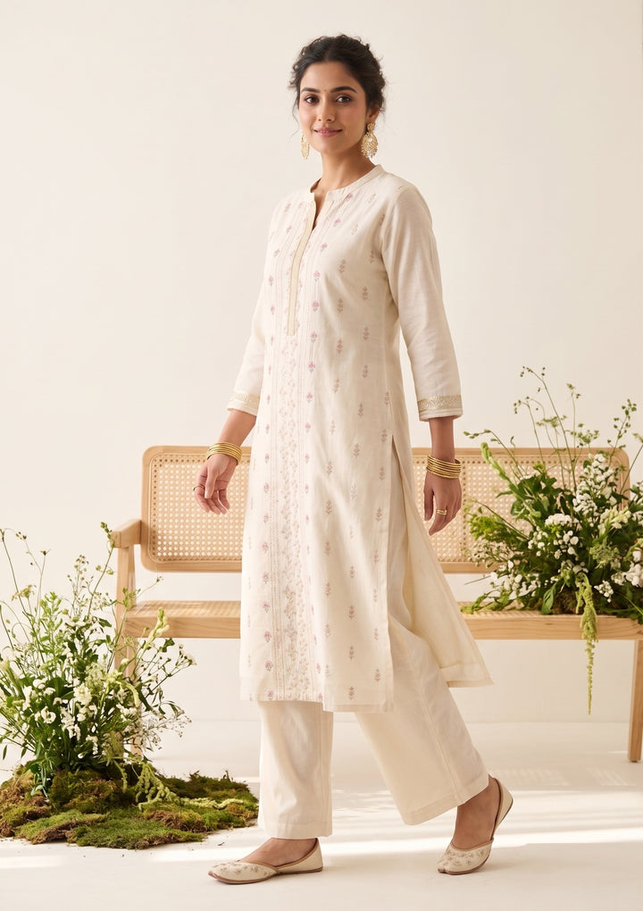 Cream Chanderi Threadwork Straight Kurta With Regular Pant And Dupatta
