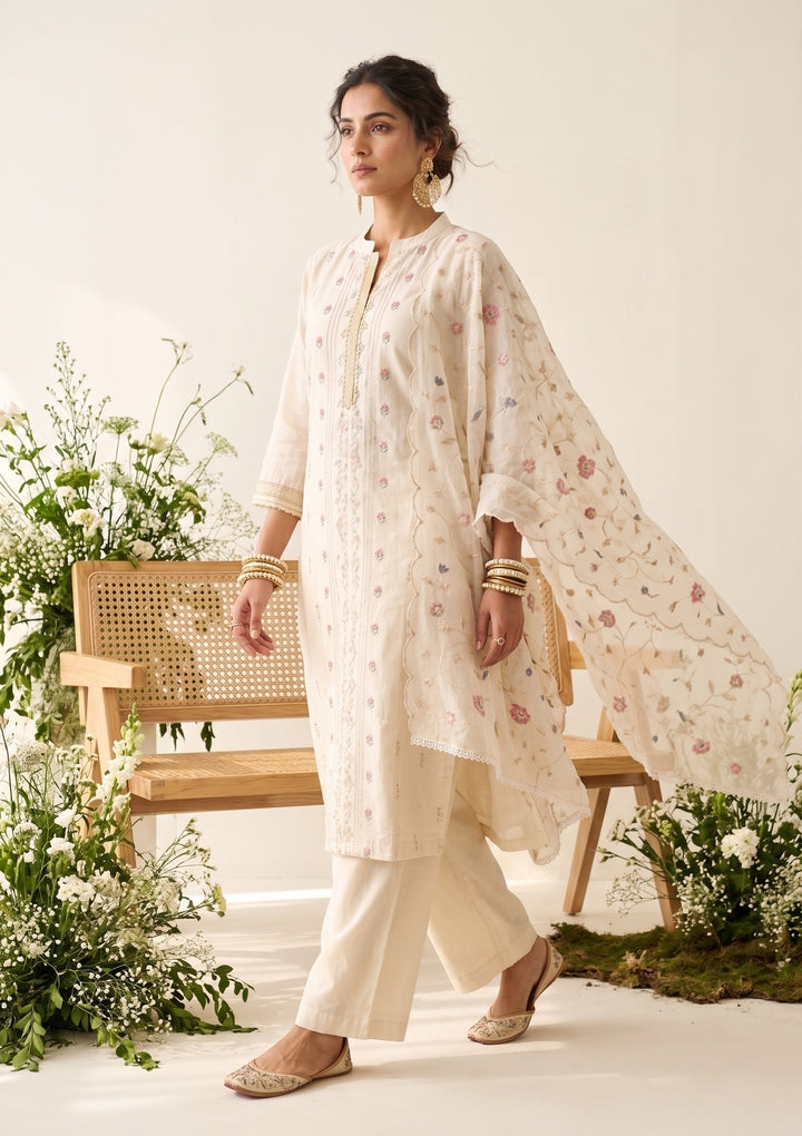 Cream Chanderi Threadwork Straight Kurta With Regular Pant And Dupatta