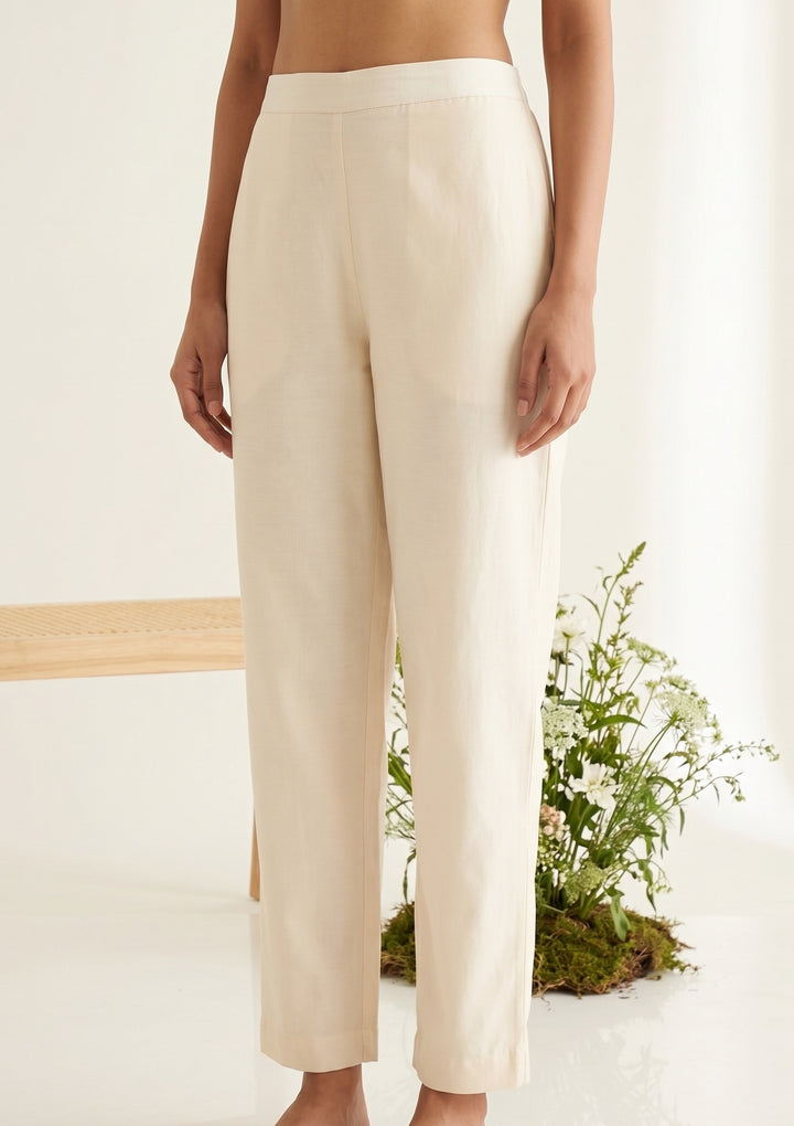Cream Chanderi Threadwork Straight Kurta With Regular Pant And Dupatta
