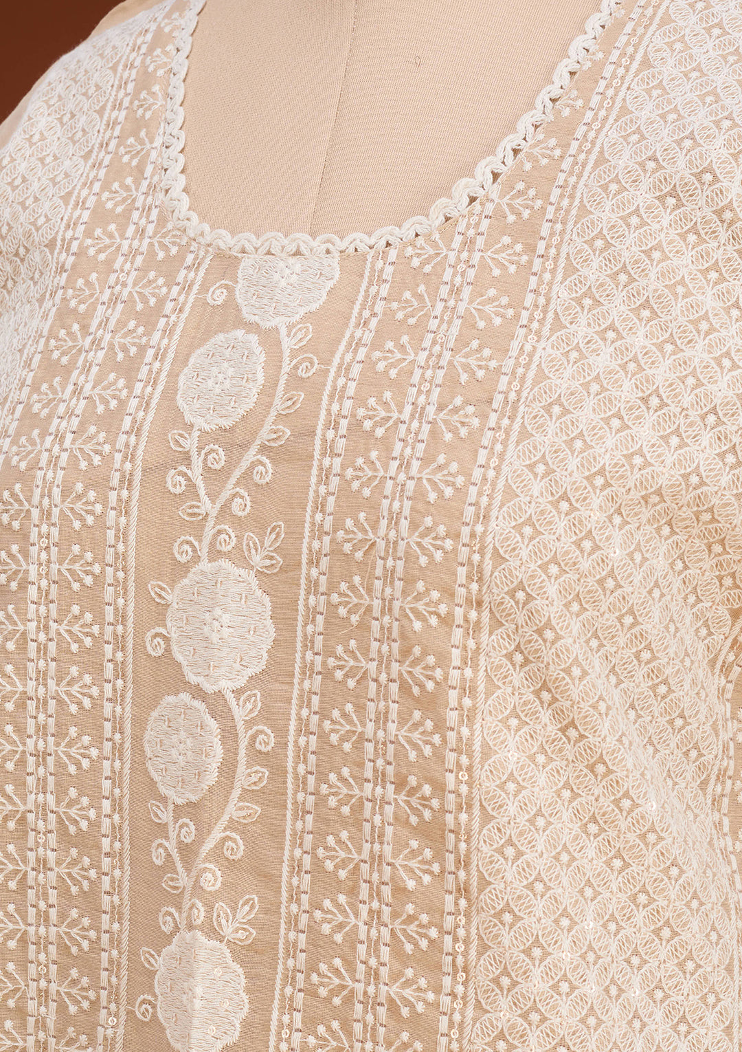 Light Brown Chanderi Threadwork Straight Kurta With Pant Regular And Dupatta