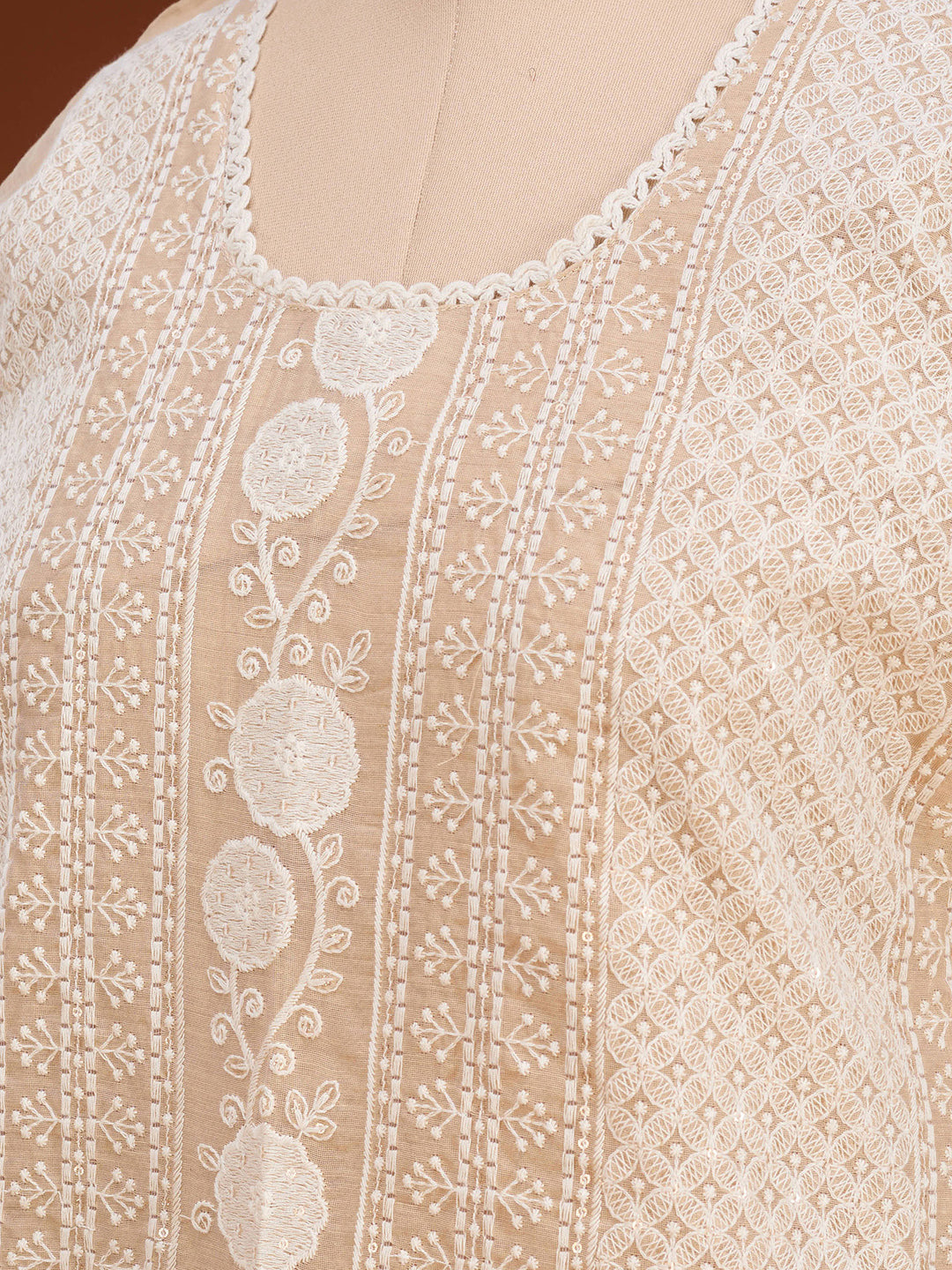 Beige Threadwork Chanderi Readymade Salwar Suit