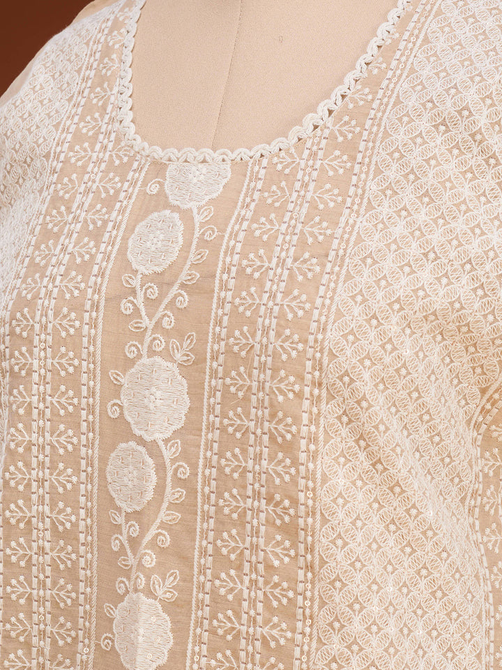 Beige Threadwork Chanderi Readymade Salwar Suit
