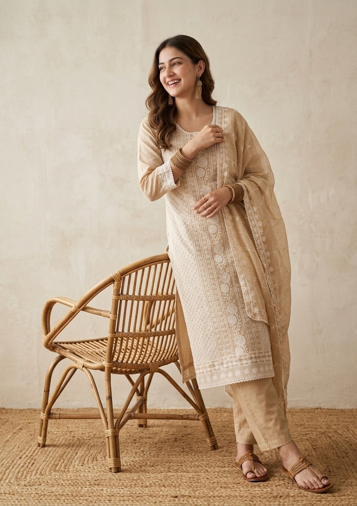 Beige Threadwork Chanderi Readymade Salwar Suit