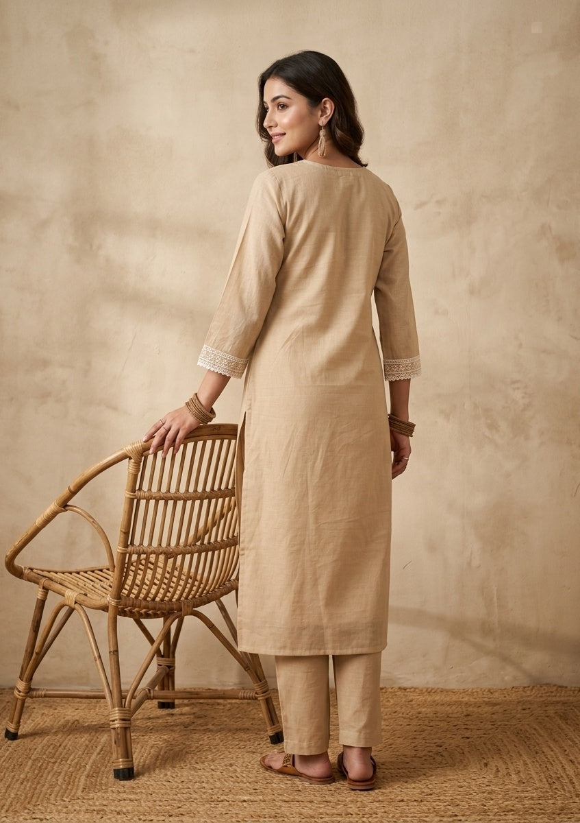 Light Brown Chanderi Threadwork Straight Kurta With Pant Regular And Dupatta