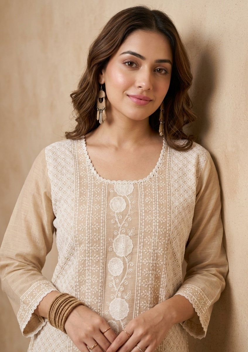Light Brown Chanderi Threadwork Straight Kurta With Pant Regular And Dupatta