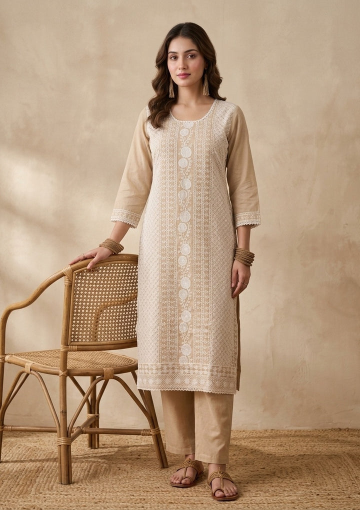Light Brown Chanderi Threadwork Straight Kurta With Pant Regular And Dupatta