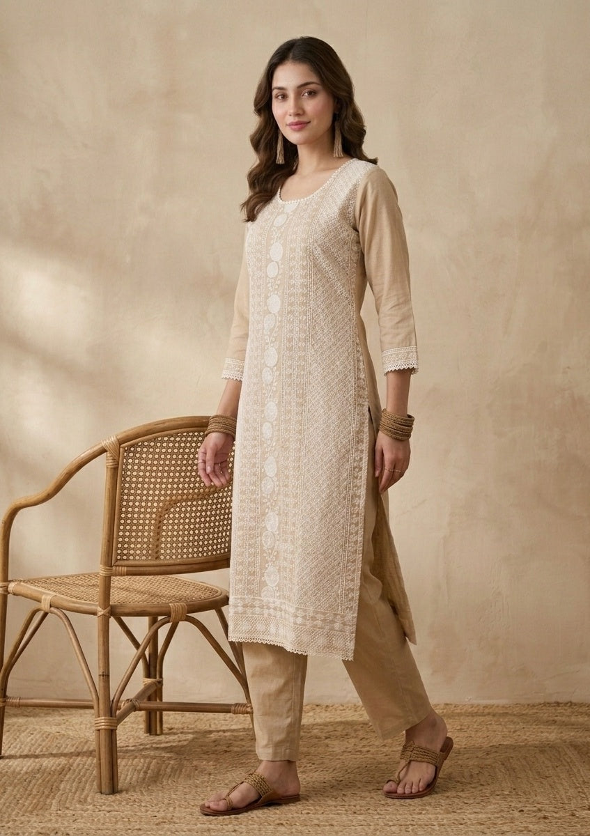 Beige Threadwork Chanderi Readymade Salwar Suit