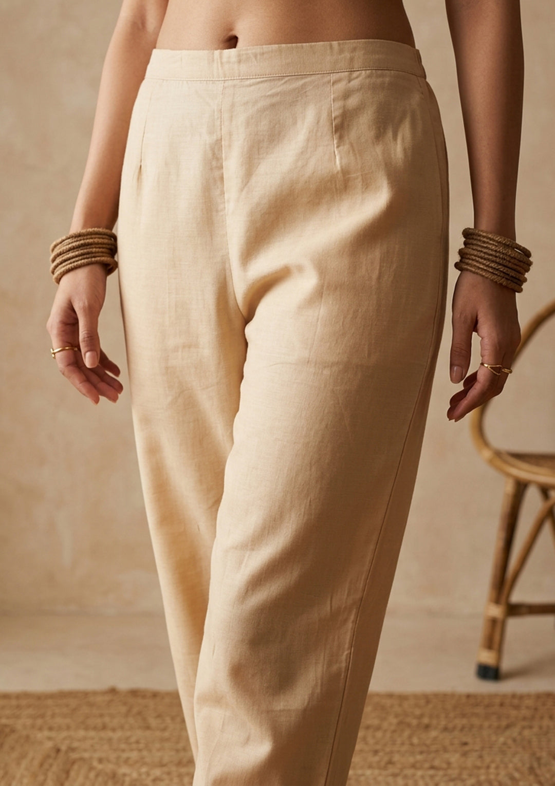 Light Brown Chanderi Threadwork Straight Kurta With Pant Regular And Dupatta