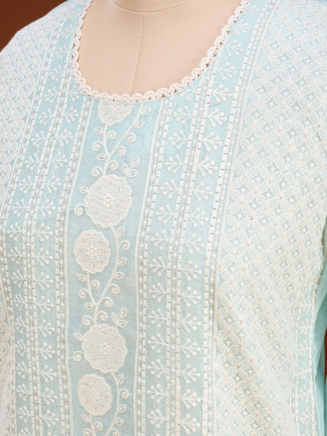 Pista Green Chanderi Threadwork Straight Kurta With Pant Regular And Dupatta