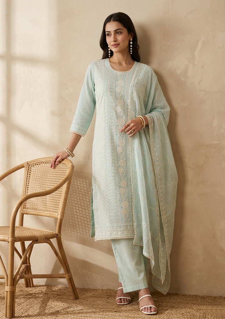 Pista Green Chanderi Threadwork Straight Kurta With Pant Regular And Dupatta