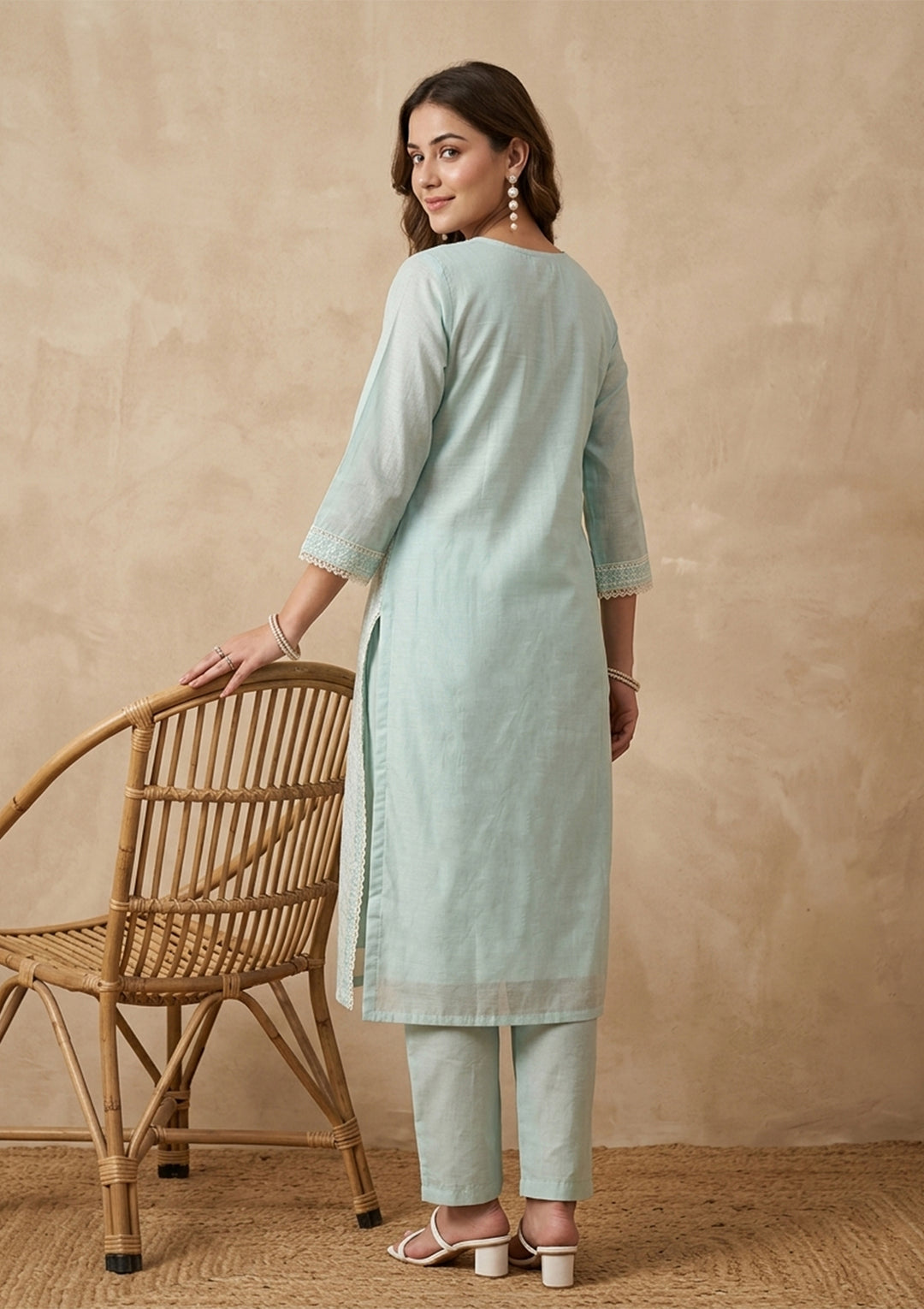 Pista Green Chanderi Threadwork Straight Kurta With Pant Regular And Dupatta