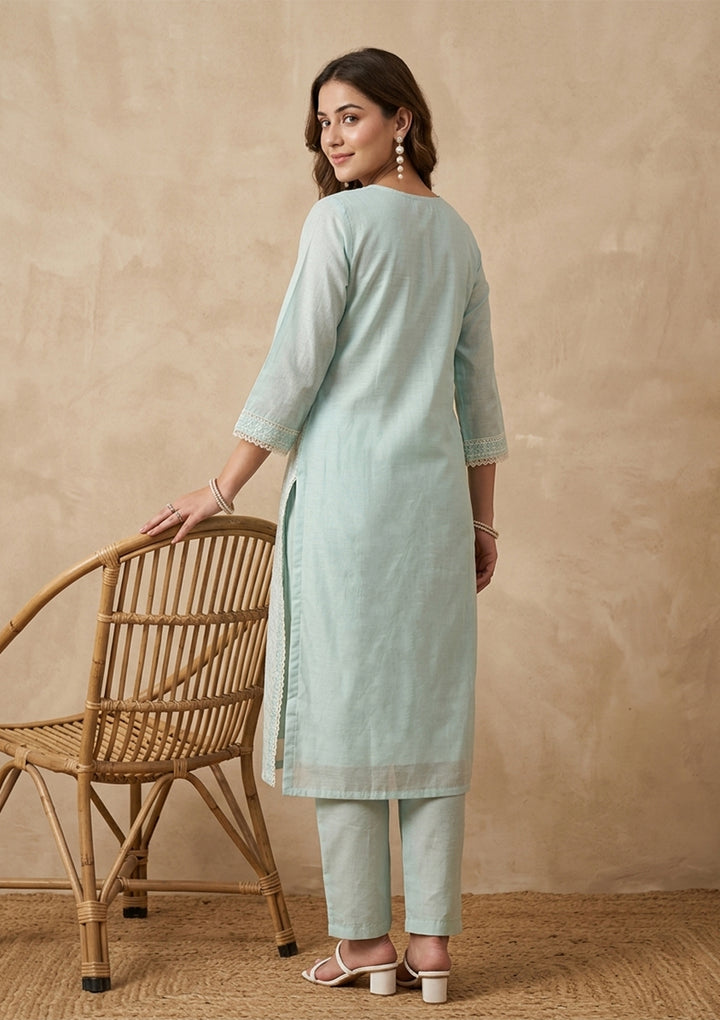 Pista Green Chanderi Threadwork Straight Kurta With Pant Regular And Dupatta