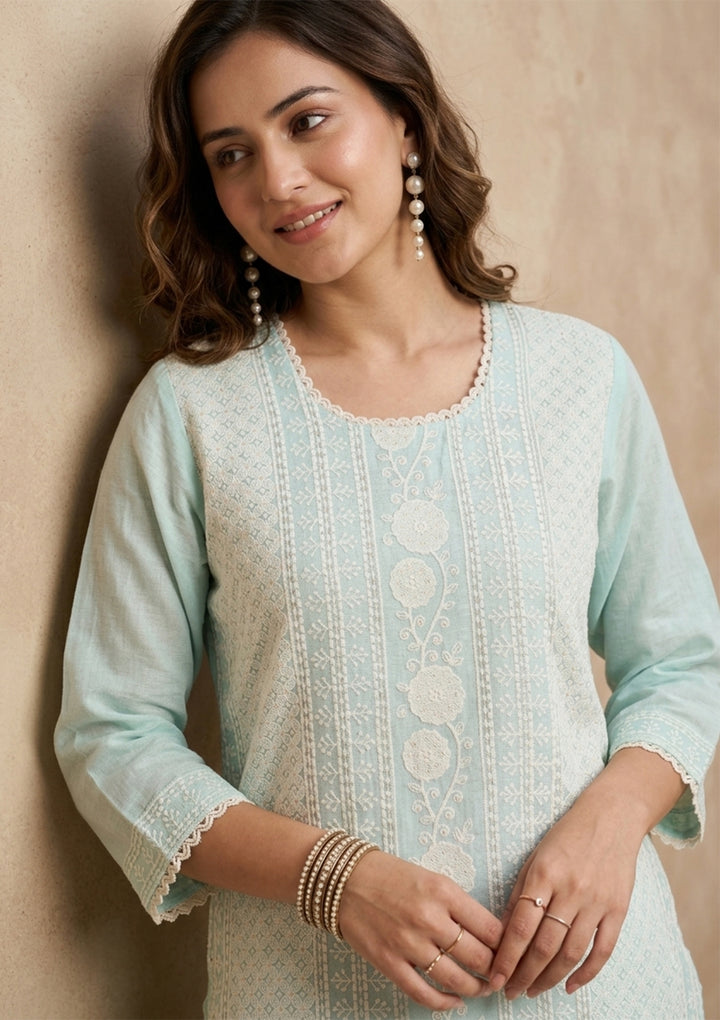 Pista Green Chanderi Threadwork Straight Kurta With Pant Regular And Dupatta
