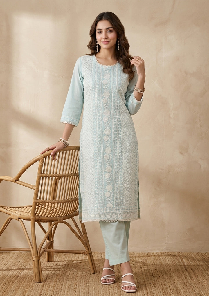 Pista Green Chanderi Threadwork Straight Kurta With Pant Regular And Dupatta
