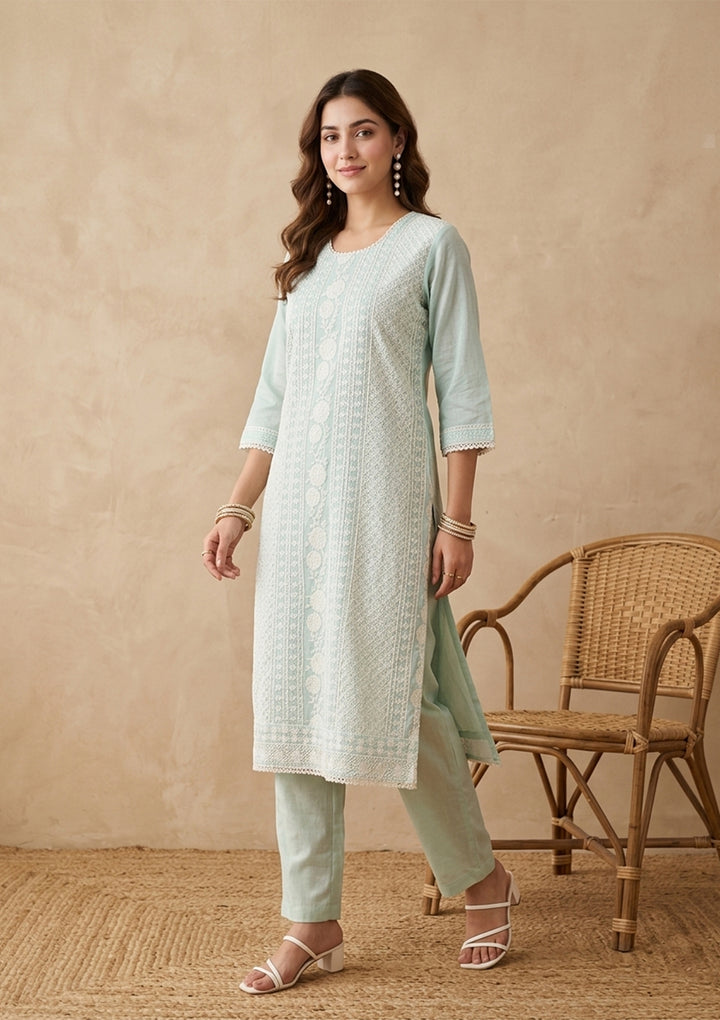 Pista Green Chanderi Threadwork Straight Kurta With Pant Regular And Dupatta