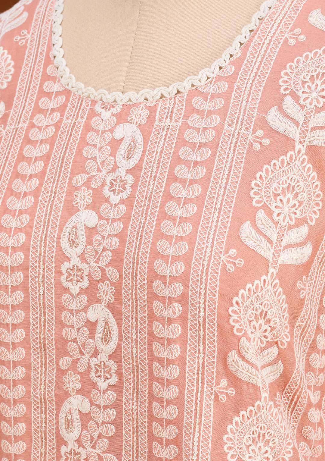 Peach Chanderi Threadwork Straight Kurta With Pant Regular And Dupatta