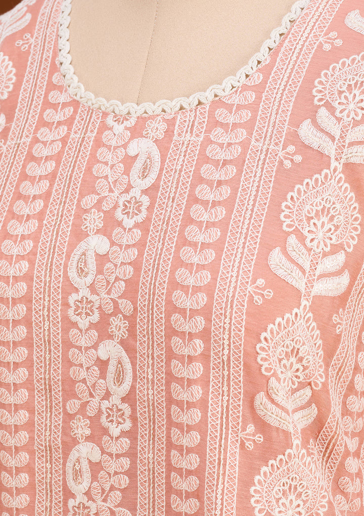 Peach Chanderi Threadwork Straight Kurta With Pant Regular And Dupatta