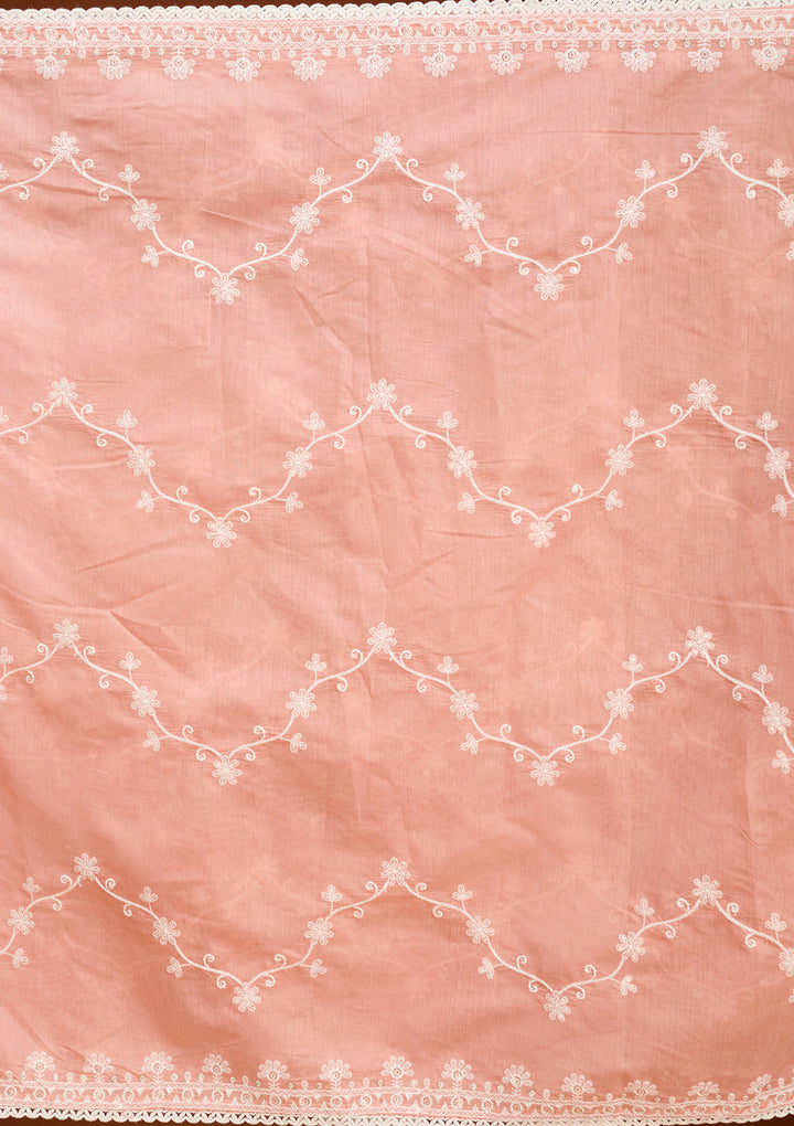 Peach Chanderi Threadwork Straight Kurta With Pant Regular And Dupatta