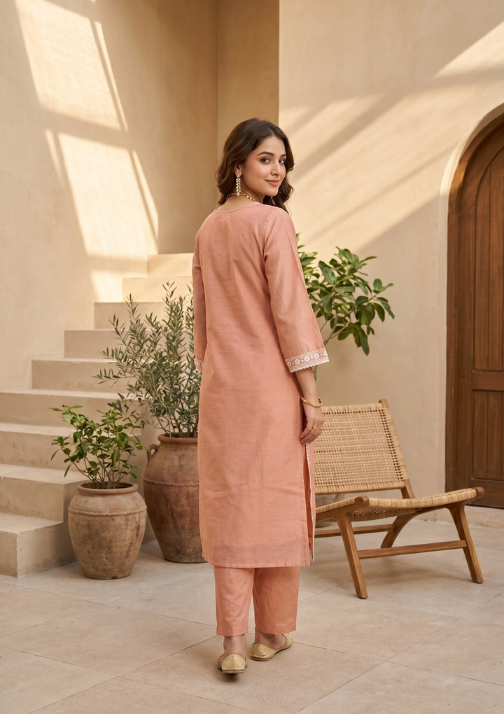 Peach Chanderi Threadwork Straight Kurta With Pant Regular And Dupatta