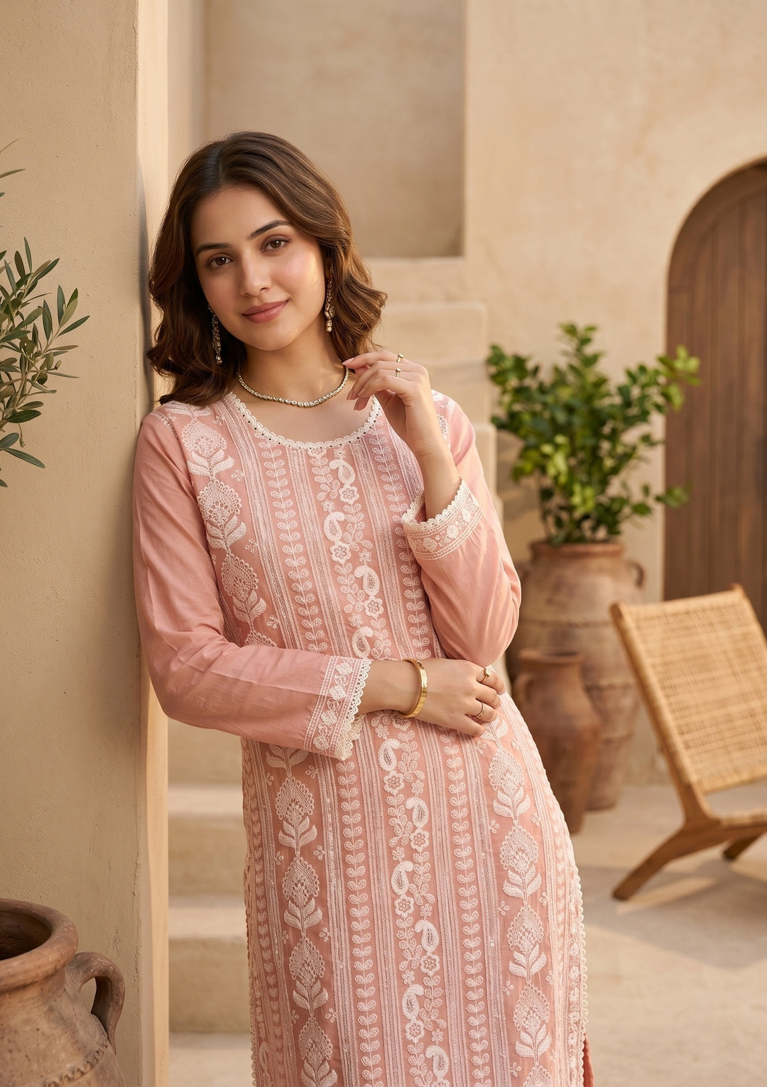 Peach Chanderi Threadwork Straight Kurta With Pant Regular And Dupatta